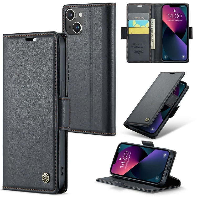 CASEME 023 Serie für iPhone 15 RFID-blockierende Litchi-Textur-Handyhülle aus Leder mit Ständer und Geldbörse - Schwarz