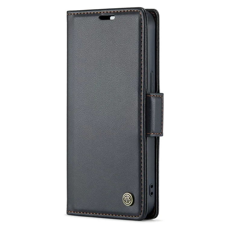 CASEME 023 Serie für iPhone 15 RFID-blockierende Litchi-Textur-Handyhülle aus Leder mit Ständer und Geldbörse - Schwarz