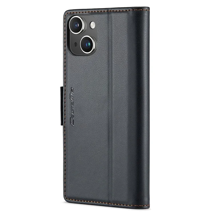 CASEME 023 Serie für iPhone 15 RFID-blockierende Litchi-Textur-Handyhülle aus Leder mit Ständer und Geldbörse - Schwarz