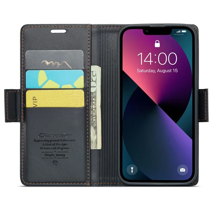 CASEME 023 Serie für iPhone 15 RFID-blockierende Litchi-Textur-Handyhülle aus Leder mit Ständer und Geldbörse - Schwarz