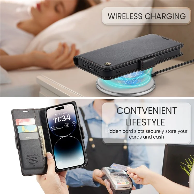 CASEME 023 Serie para iPhone 15 Pro Cartera Billetera de Cuero con Bloqueo RFID Soporte Plegable - Negro