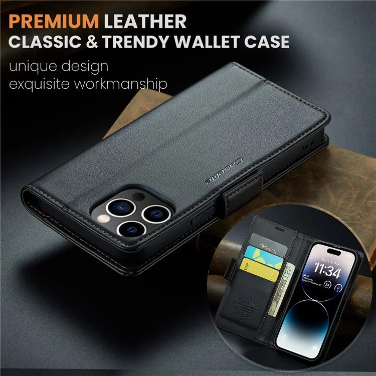 CASEME 023 Serie para iPhone 15 Pro Cartera Billetera de Cuero con Bloqueo RFID Soporte Plegable - Negro
