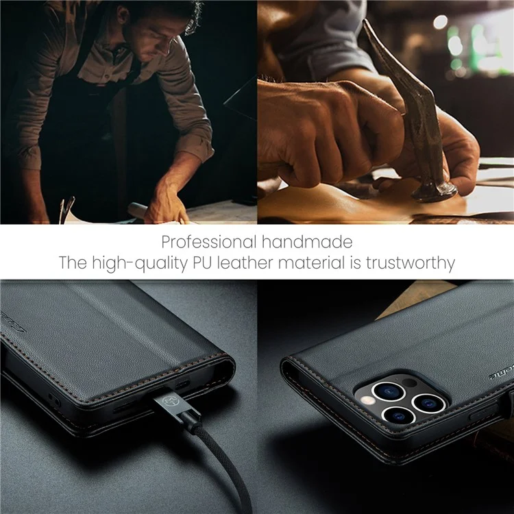CASEME 023 Serie para iPhone 15 Pro Cartera Billetera de Cuero con Bloqueo RFID Soporte Plegable - Negro