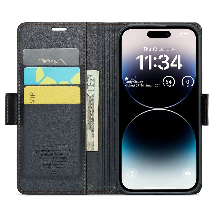CASEME 023 Serie para iPhone 15 Pro Cartera Billetera de Cuero con Bloqueo RFID Soporte Plegable - Negro