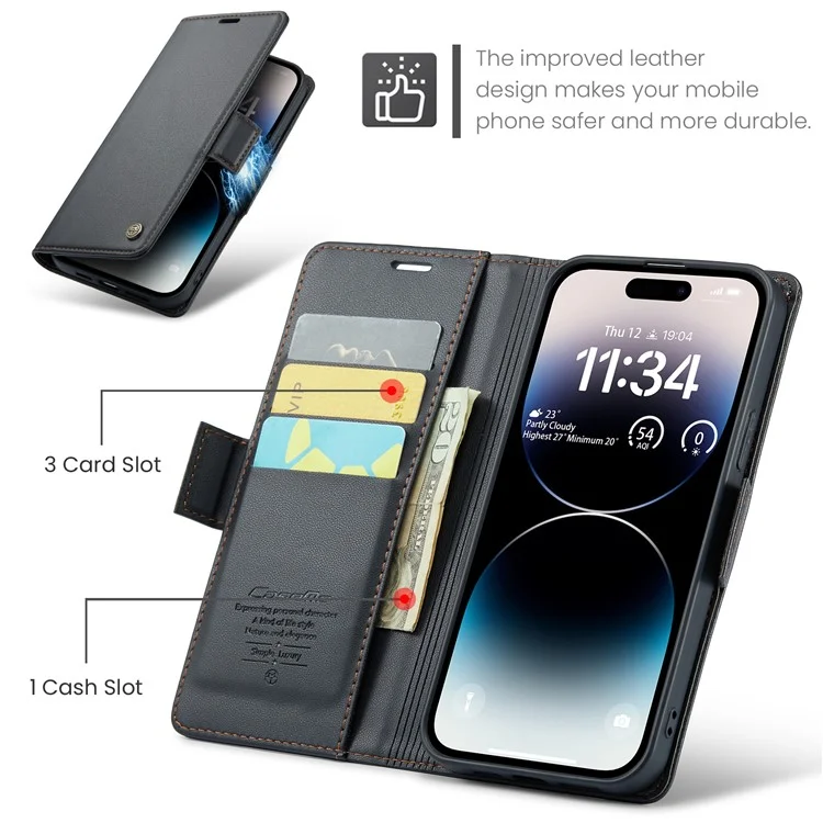 CASEME 023 Serie para iPhone 15 Pro Cartera Billetera de Cuero con Bloqueo RFID Soporte Plegable - Negro