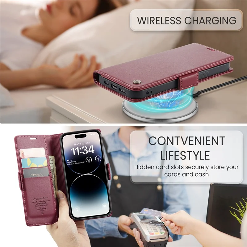 For iPhone 15 Pro Leather Case CASEME 023 RFID Blocking 3 Card Slot Mobile Cover - Red