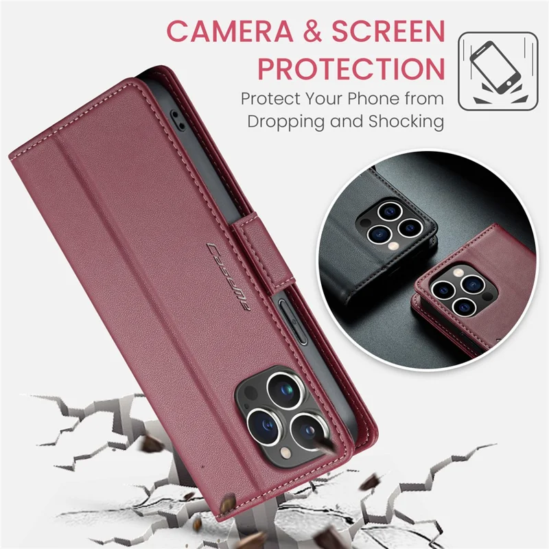 For iPhone 15 Pro Leather Case CASEME 023 RFID Blocking 3 Card Slot Mobile Cover - Red