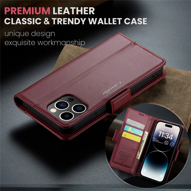 For iPhone 15 Pro Leather Case CASEME 023 RFID Blocking 3 Card Slot Mobile Cover - Red