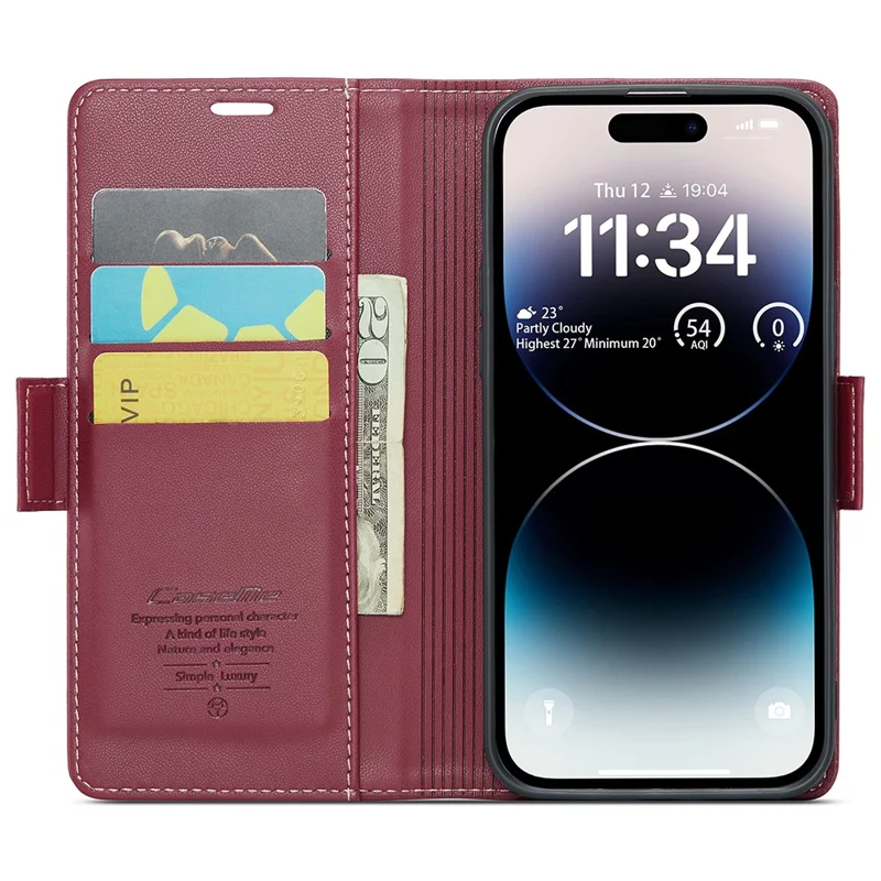 For iPhone 15 Pro Leather Case CASEME 023 RFID Blocking 3 Card Slot Mobile Cover - Red