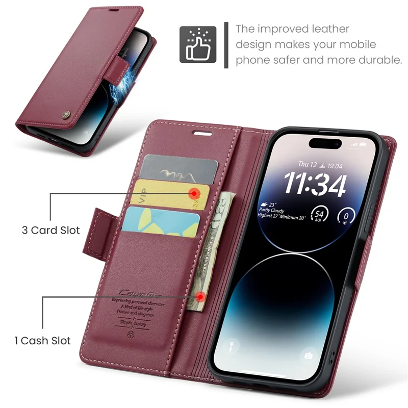 For iPhone 15 Pro Leather Case CASEME 023 RFID Blocking 3 Card Slot Mobile Cover - Red