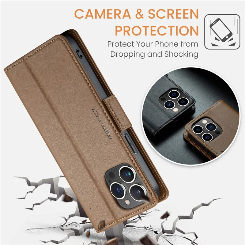 For iPhone 15 Pro Leather Case CASEME 023 RFID Blocking 3 Card Slot Mobile Cover - Brown
