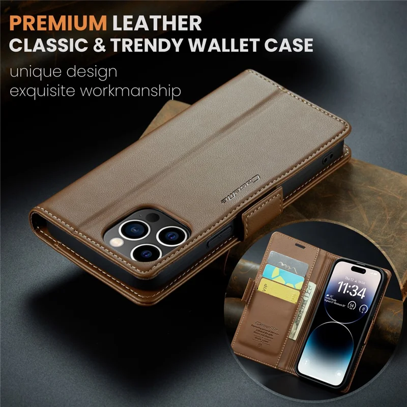 For iPhone 15 Pro Leather Case CASEME 023 RFID Blocking 3 Card Slot Mobile Cover - Brown