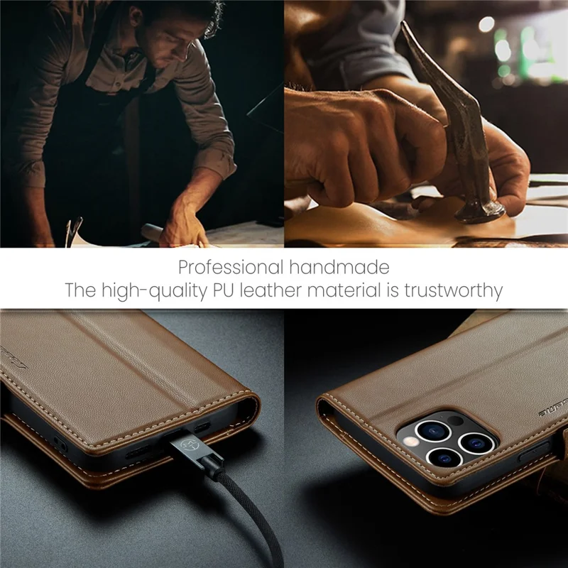 For iPhone 15 Pro Leather Case CASEME 023 RFID Blocking 3 Card Slot Mobile Cover - Brown