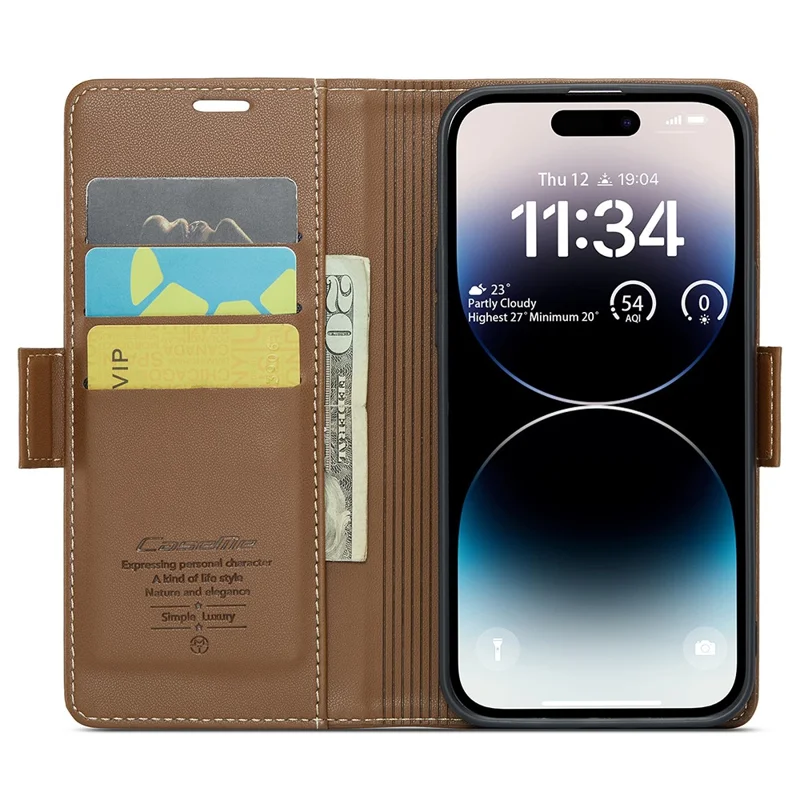 For iPhone 15 Pro Leather Case CASEME 023 RFID Blocking 3 Card Slot Mobile Cover - Brown