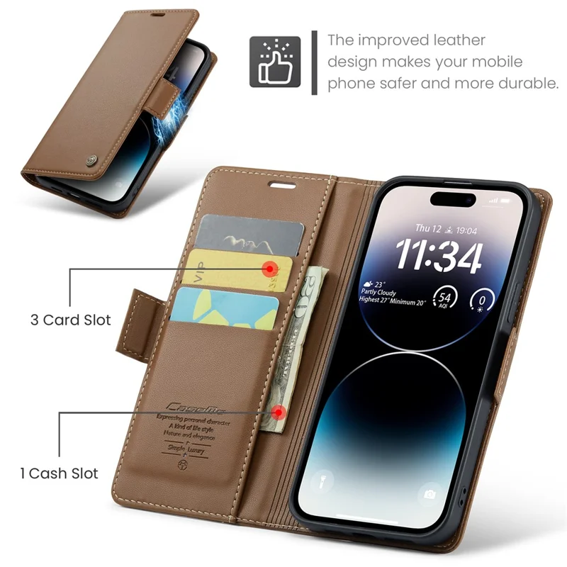 For iPhone 15 Pro Leather Case CASEME 023 RFID Blocking 3 Card Slot Mobile Cover - Brown