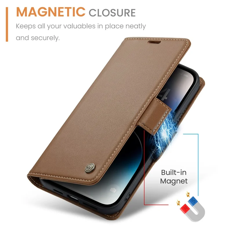 For iPhone 15 Pro Leather Case CASEME 023 RFID Blocking 3 Card Slot Mobile Cover - Brown