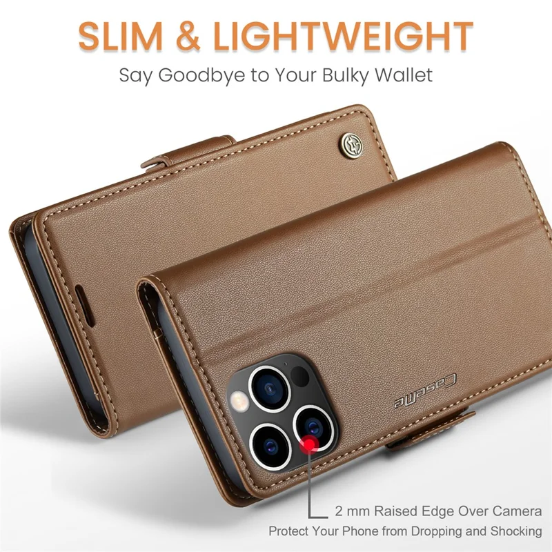 For iPhone 15 Pro Leather Case CASEME 023 RFID Blocking 3 Card Slot Mobile Cover - Brown