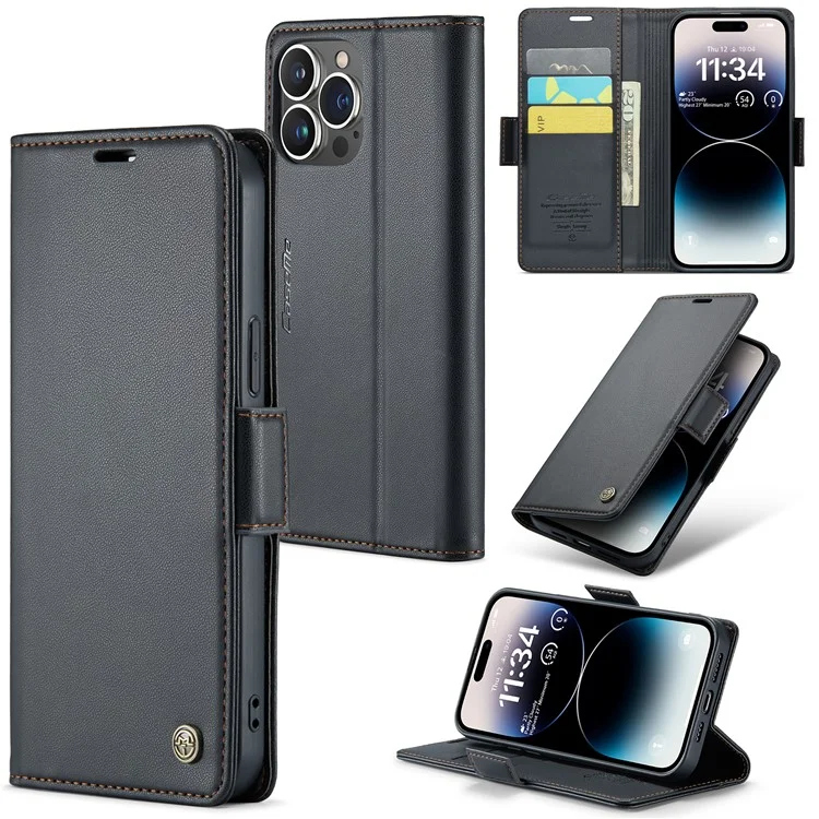 CASEME 023 Serie für iPhone 15 Pro Max RFID-blockierendes Ledergeldbörsen-Case, Flip-Ständer, Litchi-Textur-Handyhülle - Schwarz
