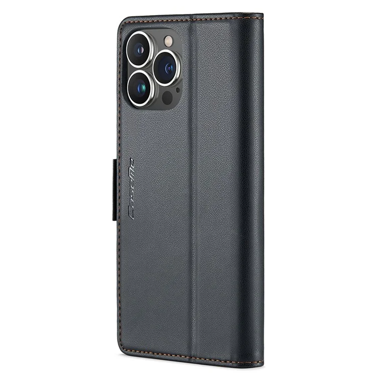 CASEME 023 Serie für iPhone 15 Pro Max RFID-blockierendes Ledergeldbörsen-Case, Flip-Ständer, Litchi-Textur-Handyhülle - Schwarz