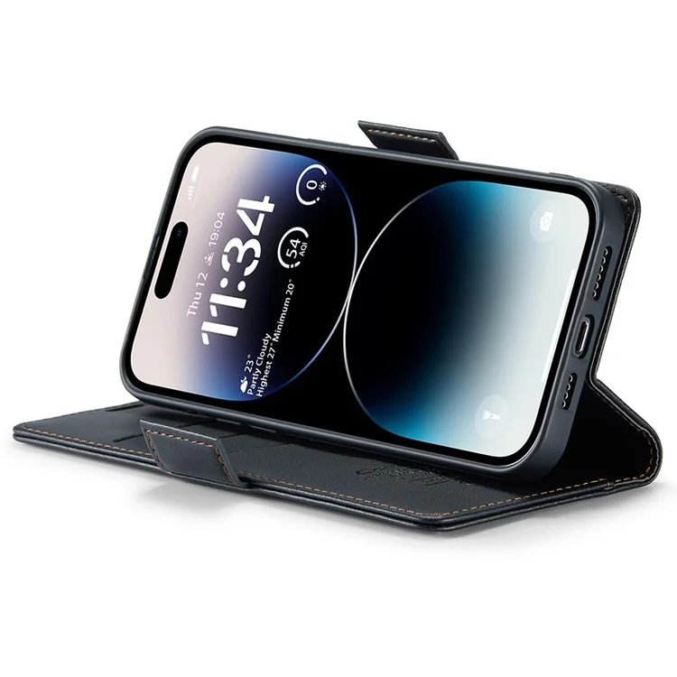 CASEME 023 Serie für iPhone 15 Pro Max RFID-blockierendes Ledergeldbörsen-Case, Flip-Ständer, Litchi-Textur-Handyhülle - Schwarz