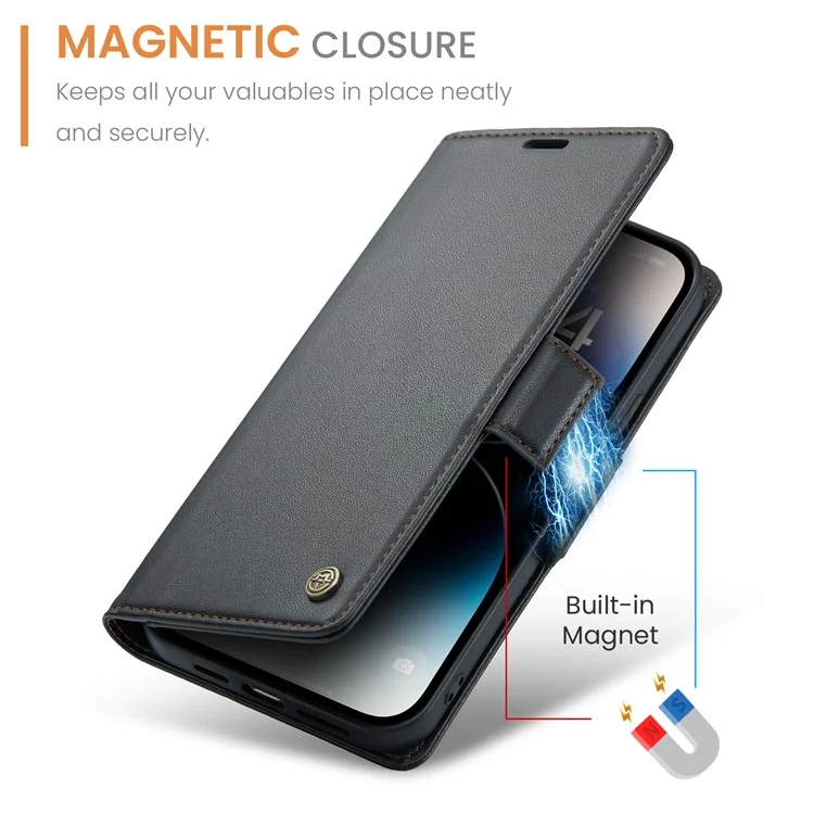 CASEME 023 Serie für iPhone 15 Pro Max RFID-blockierendes Ledergeldbörsen-Case, Flip-Ständer, Litchi-Textur-Handyhülle - Schwarz