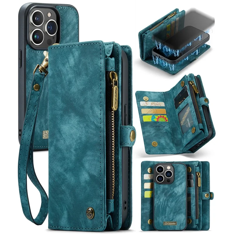 CASEME 008 Serie für iPhone 15 Pro Max Reißverschlusstaschen-Ständer-Geldbörsen-Handyhülle Abnehmbare Leder-Schutzhülle - Blau