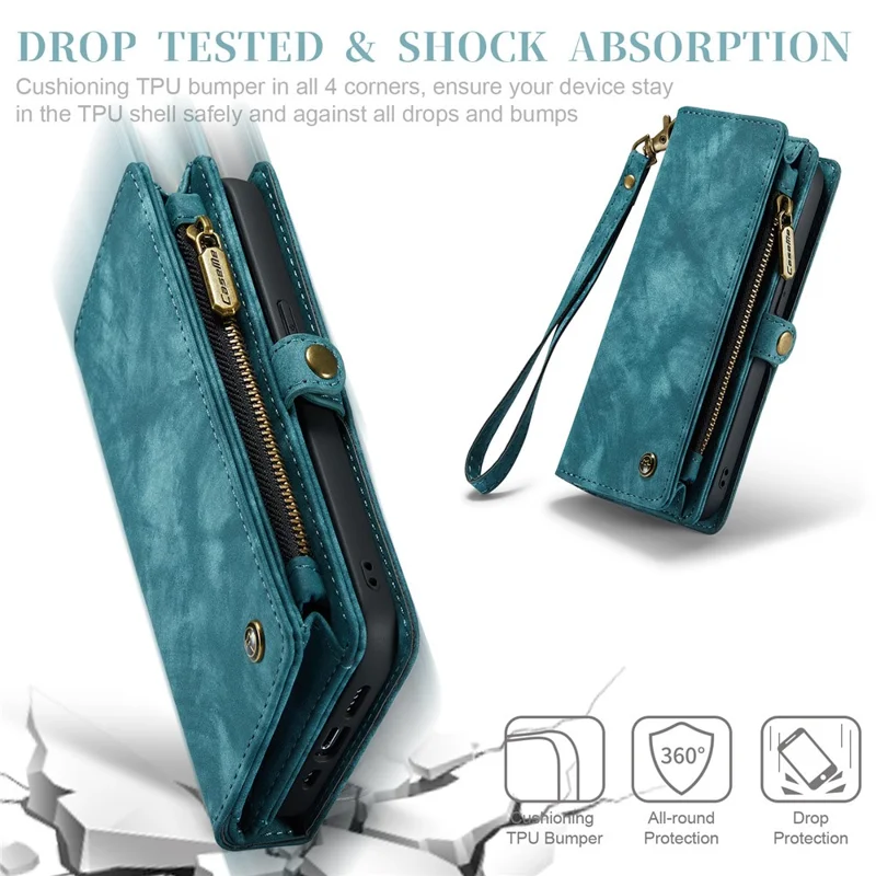 CASEME 008 Serie für iPhone 15 Pro Max Reißverschlusstaschen-Ständer-Geldbörsen-Handyhülle Abnehmbare Leder-Schutzhülle - Blau
