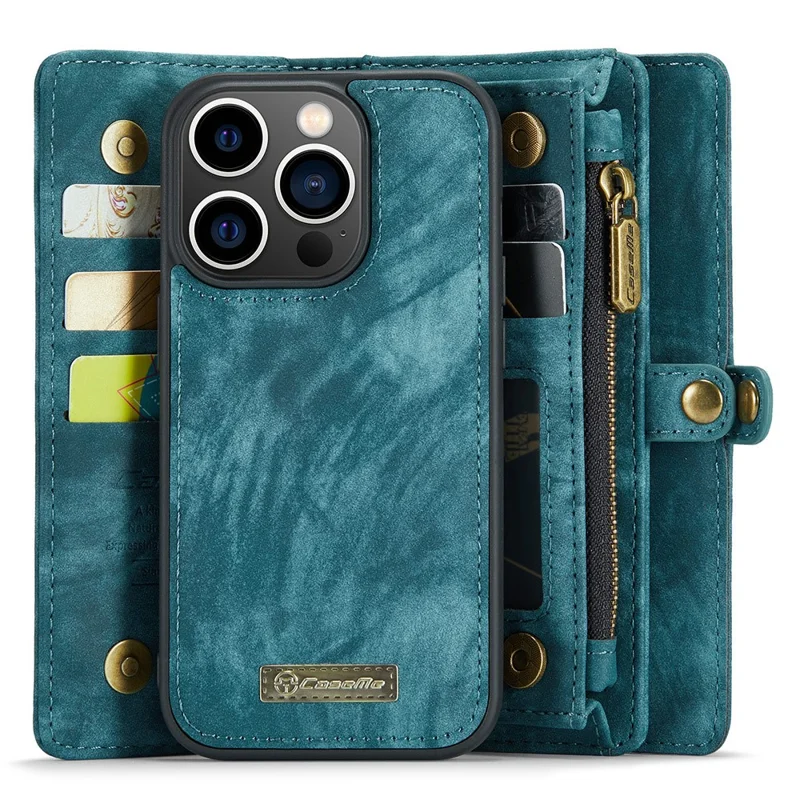 CASEME 008 Serie für iPhone 15 Pro Max Reißverschlusstaschen-Ständer-Geldbörsen-Handyhülle Abnehmbare Leder-Schutzhülle - Blau