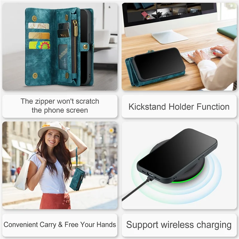 CASEME 008 Serie für iPhone 15 Pro Max Reißverschlusstaschen-Ständer-Geldbörsen-Handyhülle Abnehmbare Leder-Schutzhülle - Blau