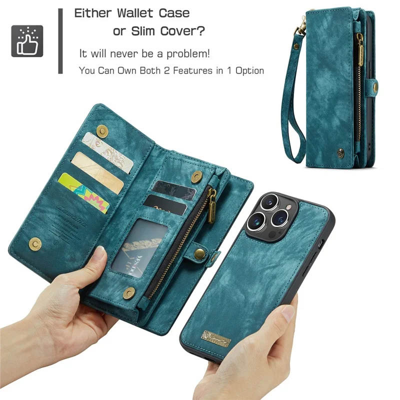 CASEME 008 Serie für iPhone 15 Pro Max Reißverschlusstaschen-Ständer-Geldbörsen-Handyhülle Abnehmbare Leder-Schutzhülle - Blau
