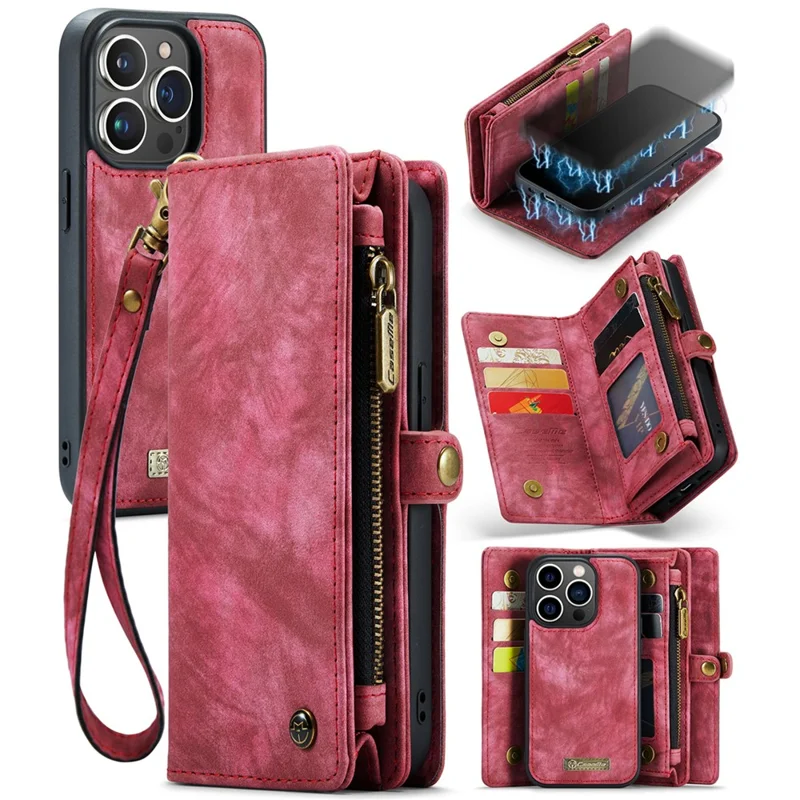 CASEME 008 Series для iPhone 15 Pro Max Чехол-бумажник с застежкой-молнией, стойка, кожаный защитный чехол с съемным покрытием - Красный