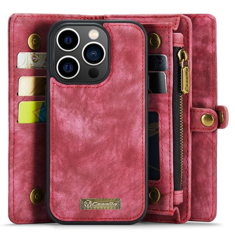 CASEME 008 Series для iPhone 15 Pro Max Чехол-бумажник с застежкой-молнией, стойка, кожаный защитный чехол с съемным покрытием - Красный