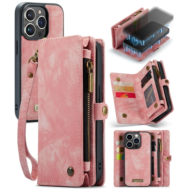 CASEME 008 Serie für iPhone 15 Pro Max Reißverschluss-Tasche Ständer Brieftasche Handyhülle Abnehmbare Lederschutz-Cover - Pink
