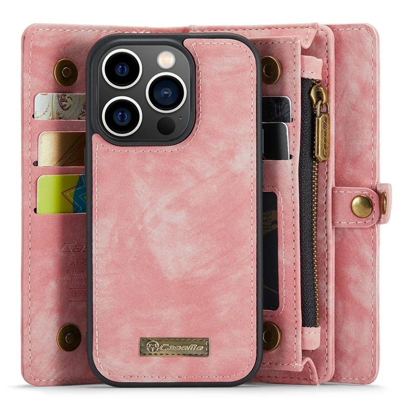 CASEME 008 Serie für iPhone 15 Pro Max Reißverschluss-Tasche Ständer Brieftasche Handyhülle Abnehmbare Lederschutz-Cover - Pink
