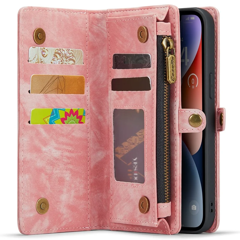 CASEME 008 Serie für iPhone 15 Pro Max Reißverschluss-Tasche Ständer Brieftasche Handyhülle Abnehmbare Lederschutz-Cover - Pink