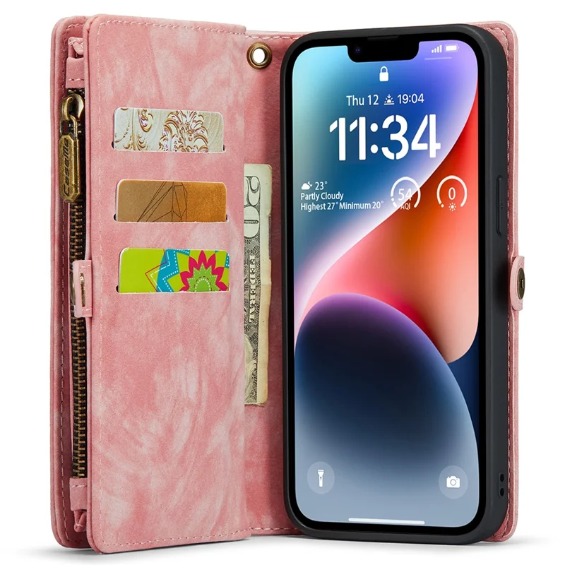 CASEME 008 Serie für iPhone 15 Pro Max Reißverschluss-Tasche Ständer Brieftasche Handyhülle Abnehmbare Lederschutz-Cover - Pink