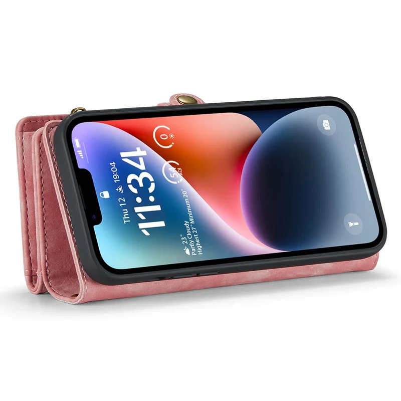 CASEME 008 Serie für iPhone 15 Pro Max Reißverschluss-Tasche Ständer Brieftasche Handyhülle Abnehmbare Lederschutz-Cover - Pink