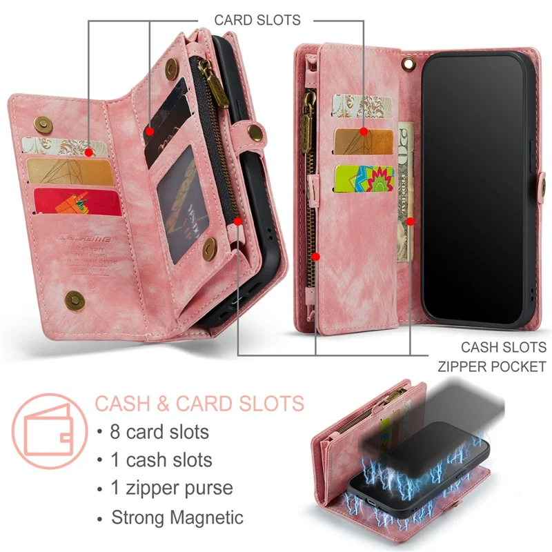 CASEME 008 Serie für iPhone 15 Pro Max Reißverschluss-Tasche Ständer Brieftasche Handyhülle Abnehmbare Lederschutz-Cover - Pink