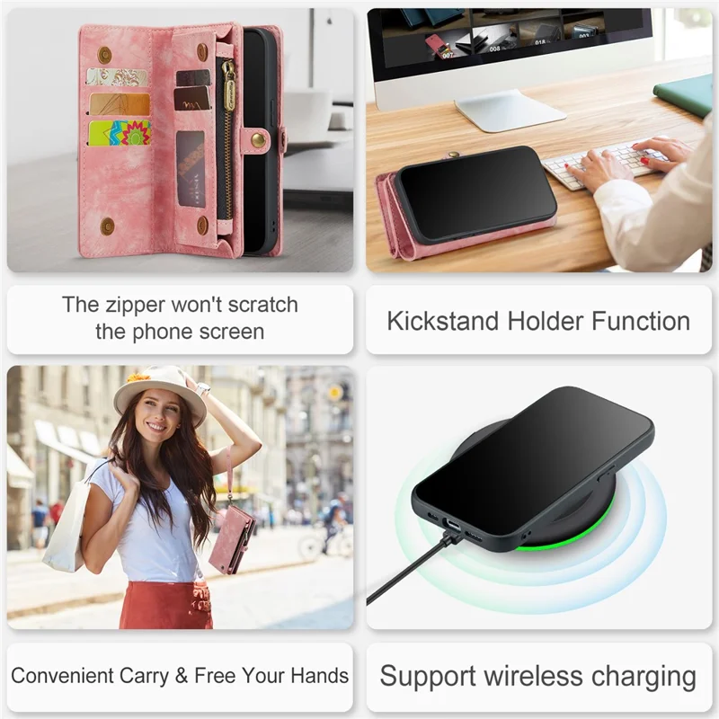 CASEME 008 Serie für iPhone 15 Pro Max Reißverschluss-Tasche Ständer Brieftasche Handyhülle Abnehmbare Lederschutz-Cover - Pink
