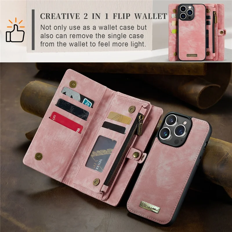 CASEME 008 Serie für iPhone 15 Pro Max Reißverschluss-Tasche Ständer Brieftasche Handyhülle Abnehmbare Lederschutz-Cover - Pink