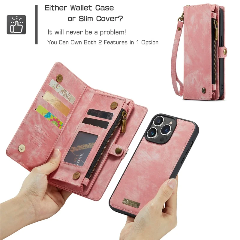 CASEME 008 Serie für iPhone 15 Pro Max Reißverschluss-Tasche Ständer Brieftasche Handyhülle Abnehmbare Lederschutz-Cover - Pink