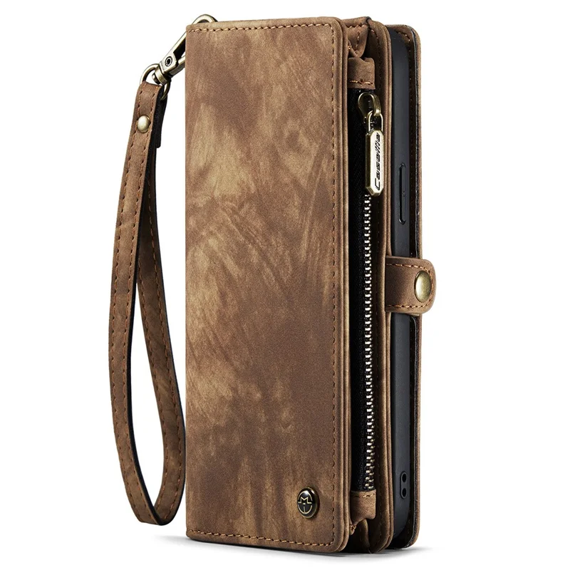 CASEME 008 Series для iPhone 15 Pro Zipper Pocket Wallet Stand Cover съемный кожаный+TPU чехол для телефона - коричневый
