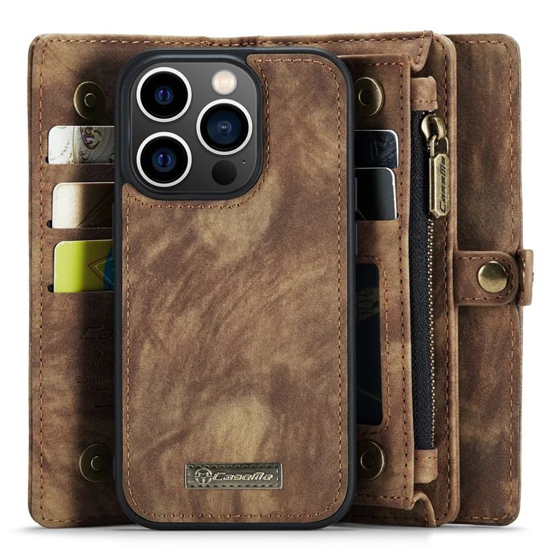 CASEME 008 Series для iPhone 15 Pro Zipper Pocket Wallet Stand Cover съемный кожаный+TPU чехол для телефона - коричневый