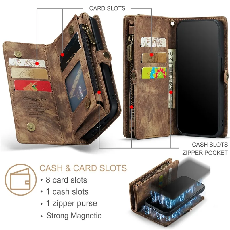 CASEME 008 Series для iPhone 15 Pro Zipper Pocket Wallet Stand Cover съемный кожаный+TPU чехол для телефона - коричневый