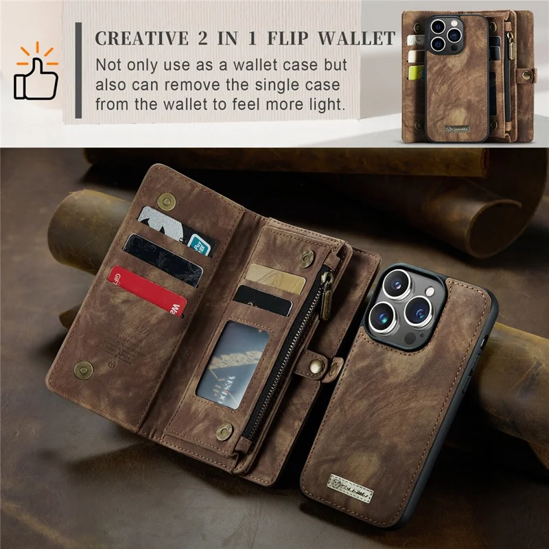 CASEME 008 Series для iPhone 15 Pro Zipper Pocket Wallet Stand Cover съемный кожаный+TPU чехол для телефона - коричневый