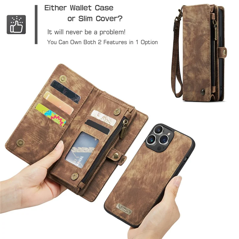 CASEME 008 Series для iPhone 15 Pro Zipper Pocket Wallet Stand Cover съемный кожаный+TPU чехол для телефона - коричневый