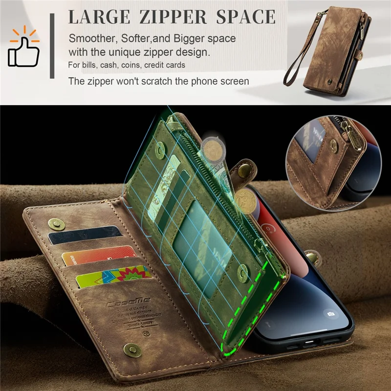 CASEME 008 Series para iPhone 15 Capa Antiderrapante de Couro Destacável com Suporte de Carteira - Marrom
