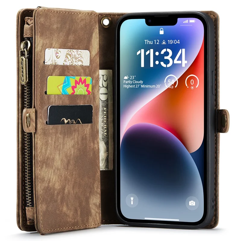 CASEME 008 Series para iPhone 15 Capa Antiderrapante de Couro Destacável com Suporte de Carteira - Marrom