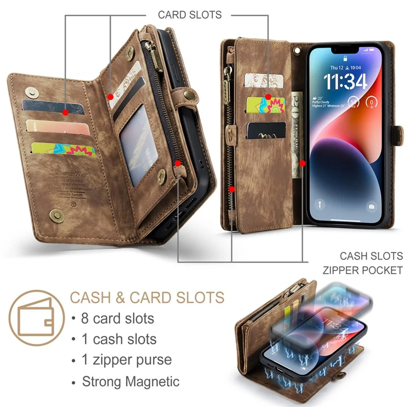 CASEME 008 Series para iPhone 15 Capa Antiderrapante de Couro Destacável com Suporte de Carteira - Marrom