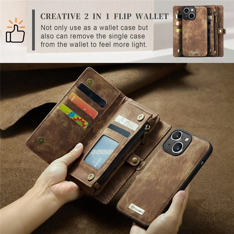 CASEME 008 Series para iPhone 15 Capa Antiderrapante de Couro Destacável com Suporte de Carteira - Marrom